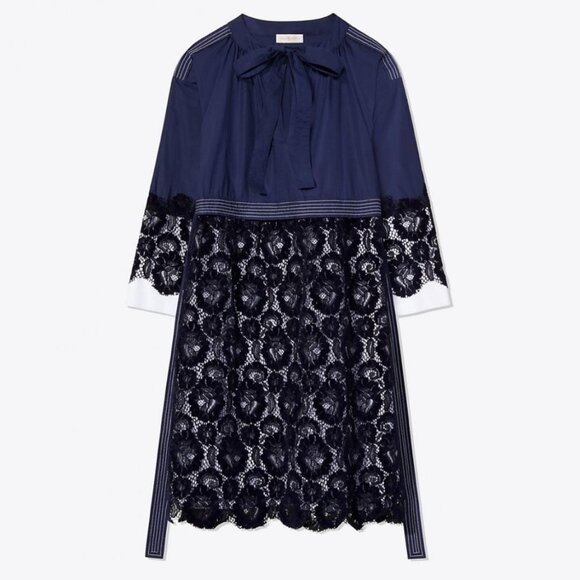 Tory Burch FW18 Runway Navy Lace Velvet Dress Bow Neck Babydoll Dress M NWT - Picture 4 of 9
